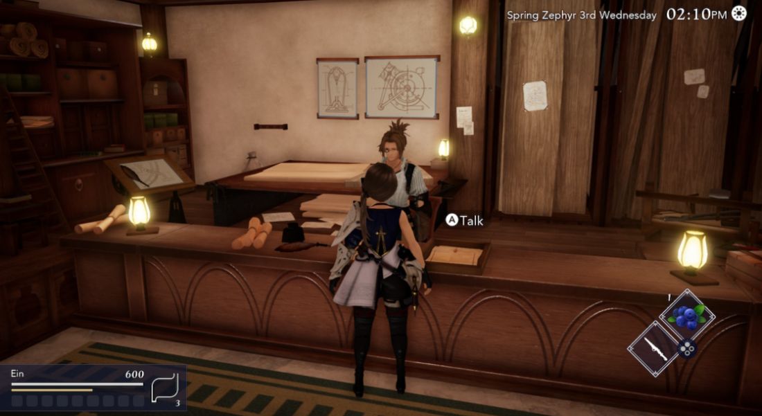 The player talks with the renovator and considers how to use their time in Harvestella.