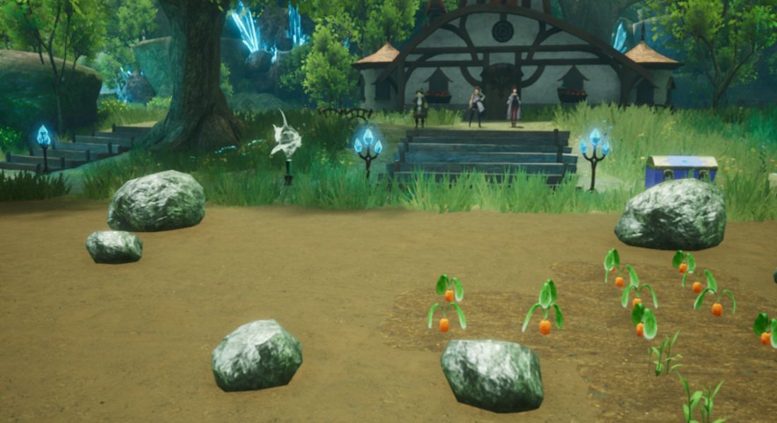 The player looks over the farming field that has some Carrops with rocks in the way in Harvestella.