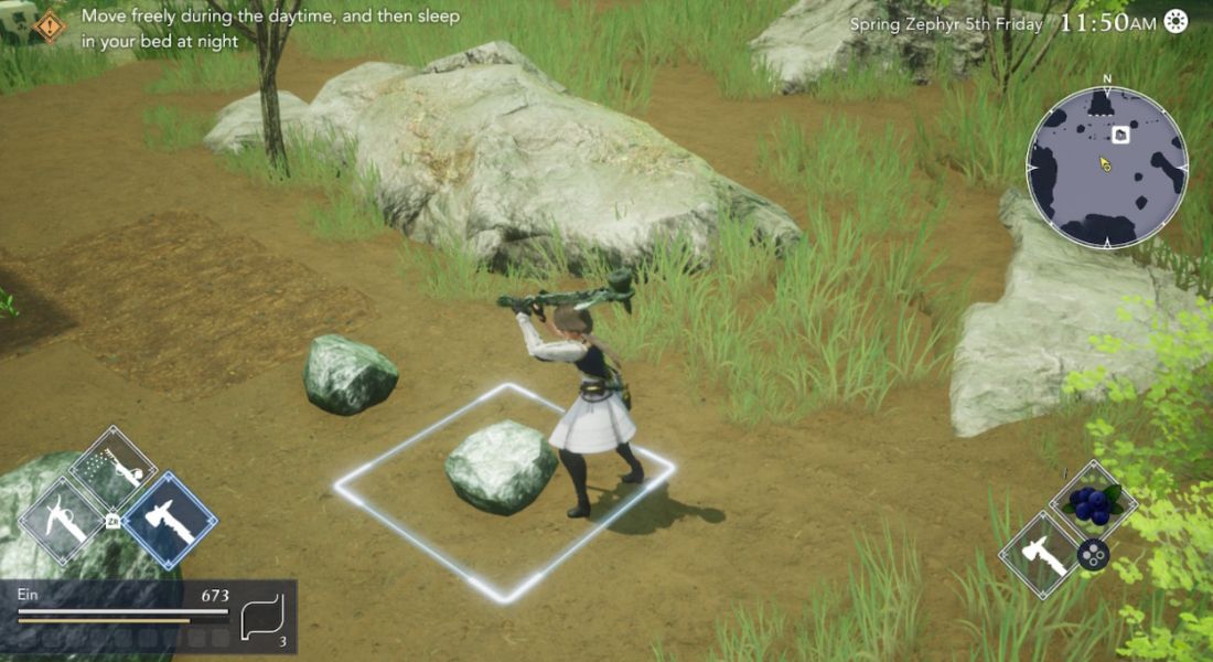 The player uses a hammer to destroy small rocks on the field in Harvestella.