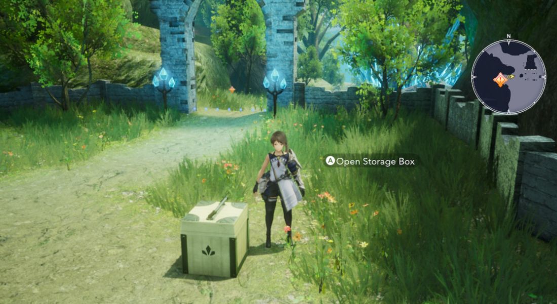 The player stands next to the storage box near their home in Harvestella.