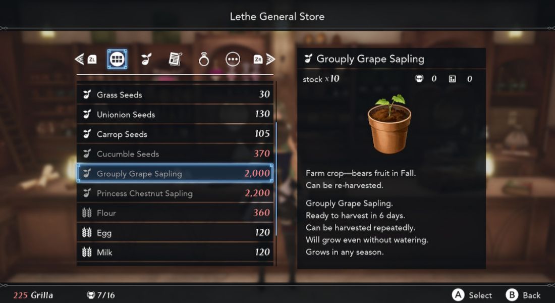 The player looks through items at the general store and considers the Grouply Grape Sapling in Harvestella.