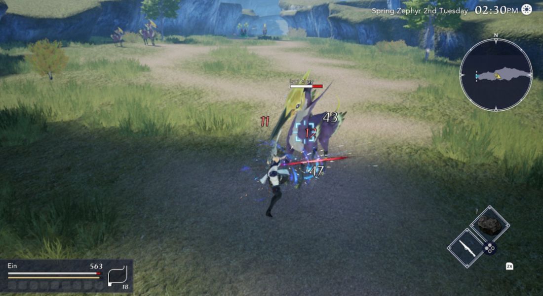 The player fights a Zuoy at the Njord Steppe while searching for gathering points in Harvestella.
