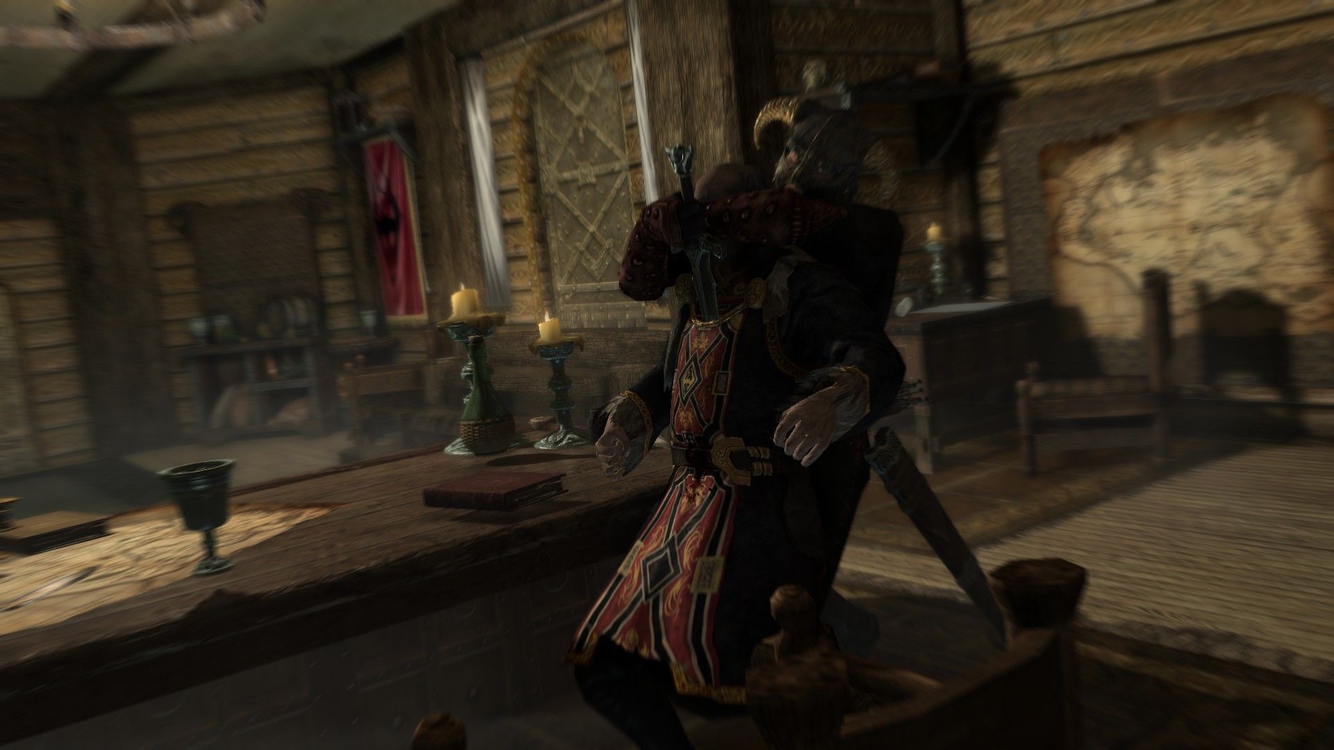 An assassin kills a finely dressed emperor inside a ship