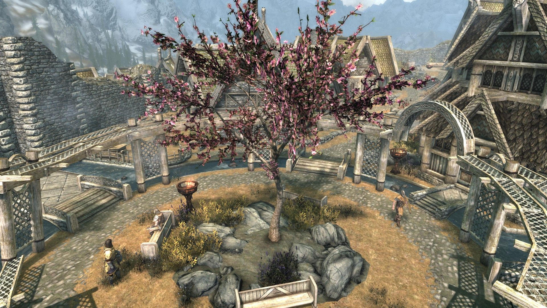 A blossoming sapling stands proudly in the center of a city as a people sit in its shade.