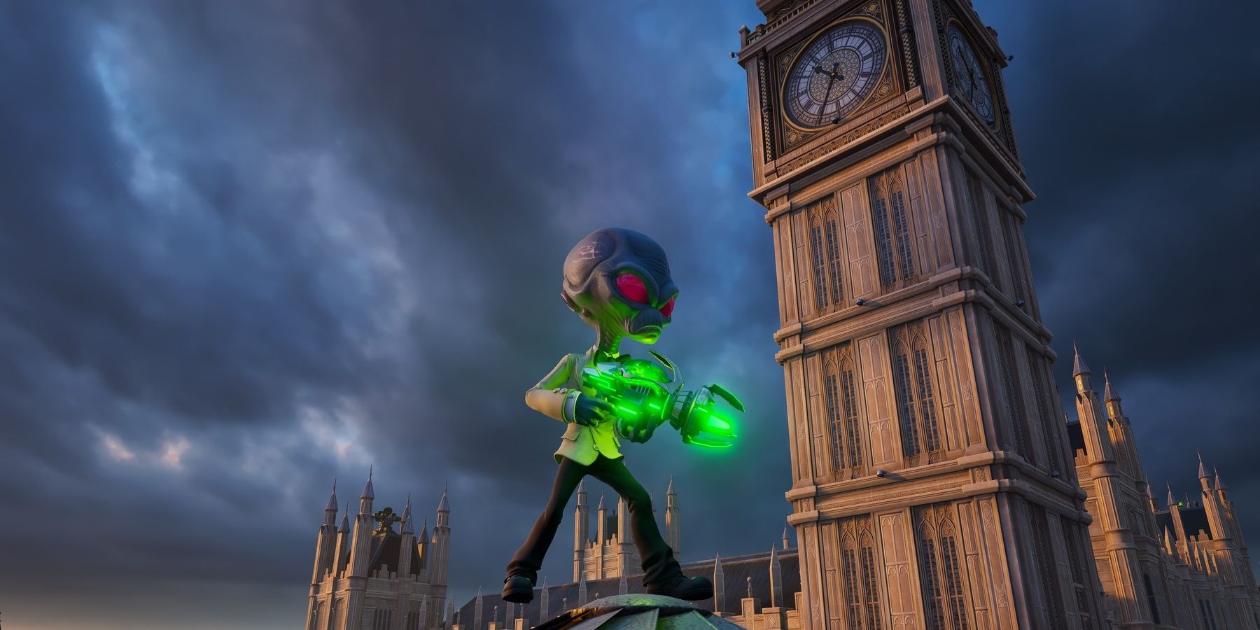 Destroy All Humans! 2: Reprobed -- Best Weapons. Crypto holds the Anal Probe in front of Big Ben.