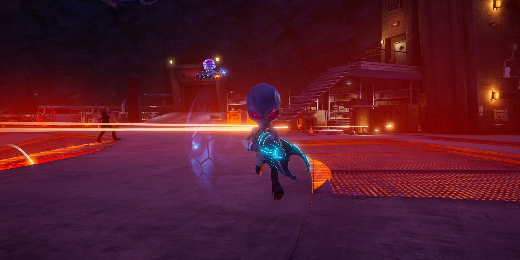 Destroy All Humans! 2: Reprobed -- Best Weapons. Gastro floats behind Crypto.
