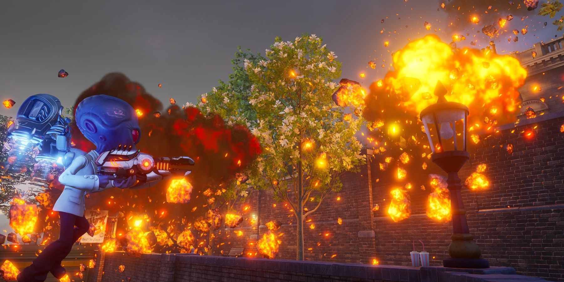 Destroy All Humans! 2: Reprobed -- Best Weapons. The Meteor Strike levels a building.