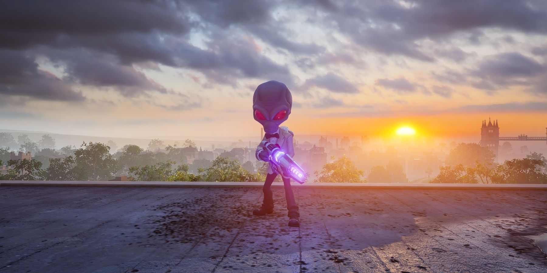 Destroy All Humans! 2: Reprobed -- Best Weapons. Crypto wields the trusty Zap-o-Matic on a roof.