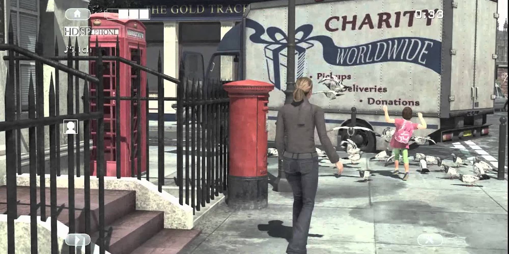 The Davis Family Vacation mission shows a young girl and her mother playing on the sidewalk as a large truck pulls up.