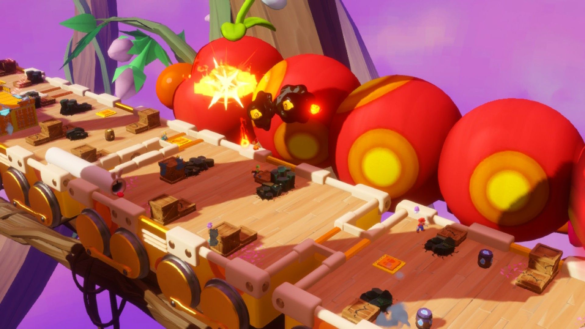 The Wiggler runs alongside the Train, with his Darkmess eyes vulnerable to be shot by the Heroes in Sparks Of Hope