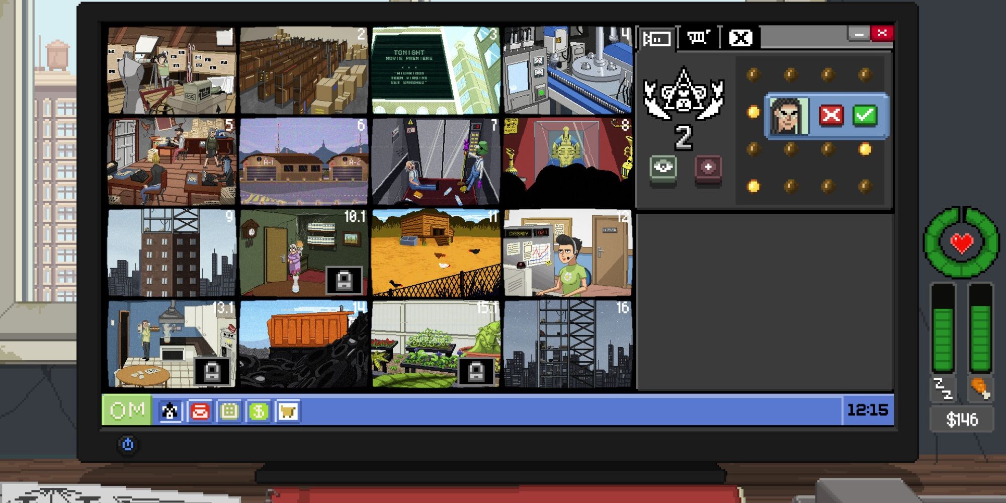 Screenshot from Do Not Feed The Monkeys, showing the protagonist's computer screen with many camera feeds watching different people. 
