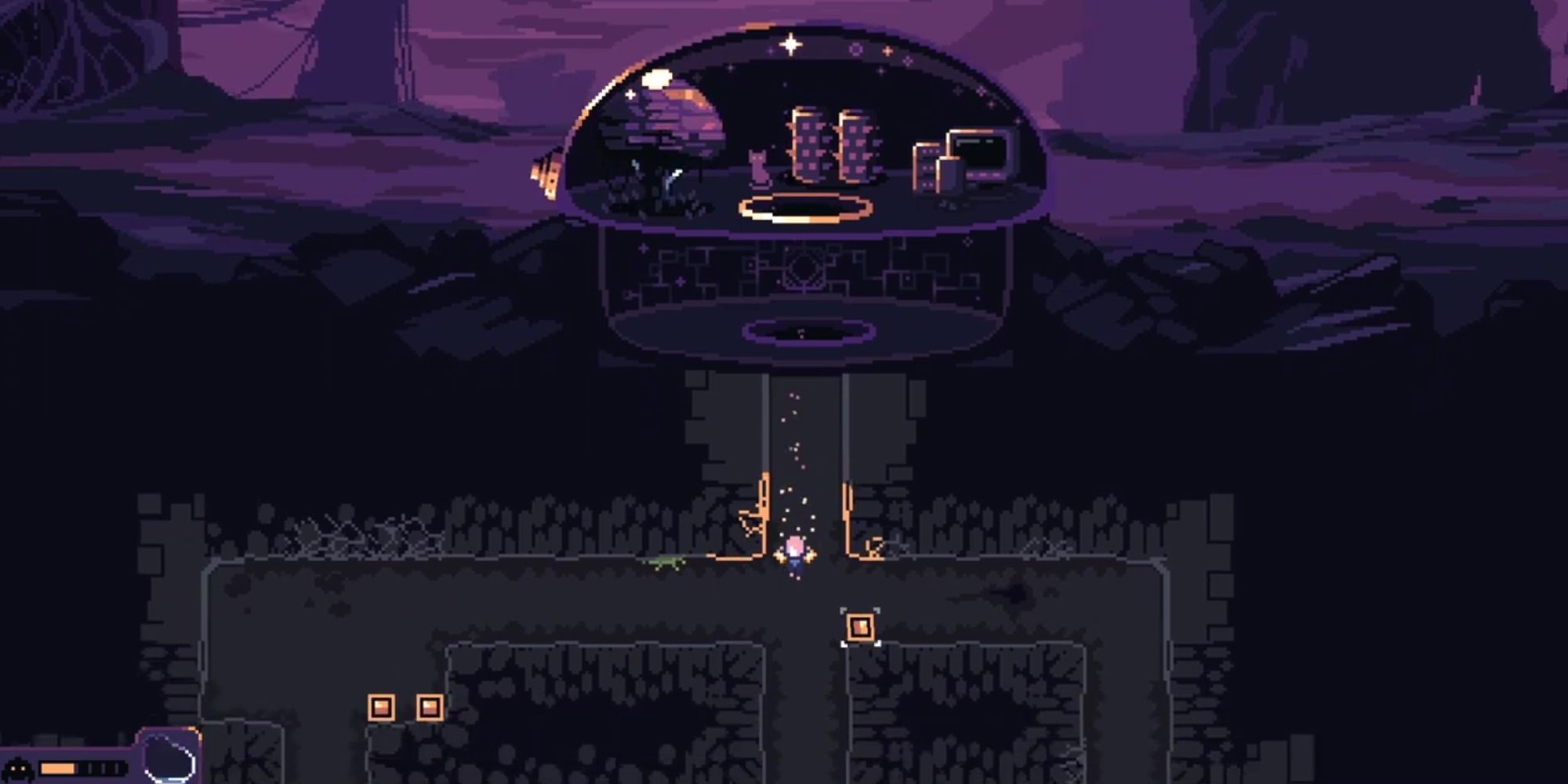 Miner mining for resources just under the dome in Dome Keeper