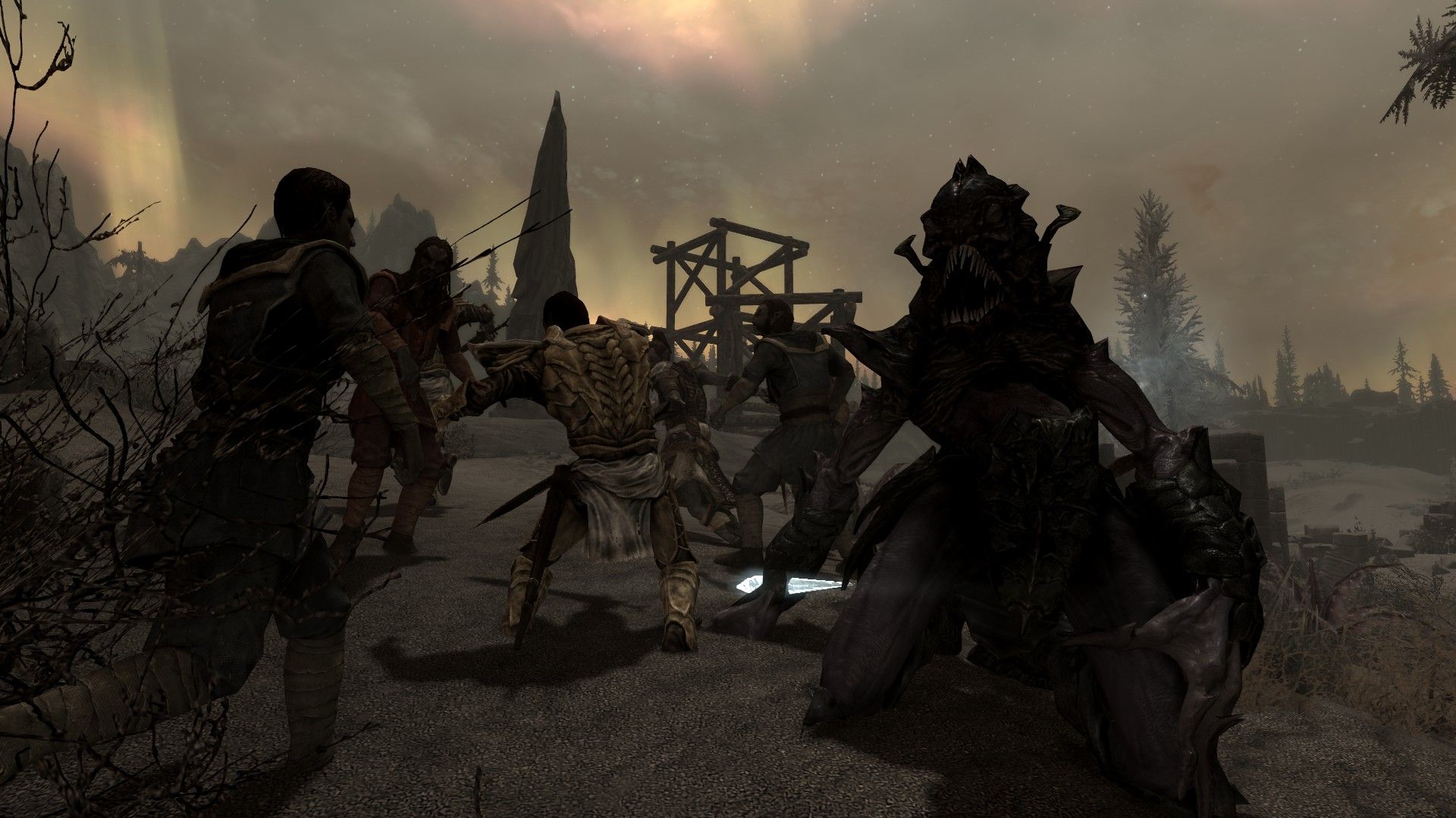A group of people fight amongst themselves with the corpse of a felled monster kneeling in front of them.