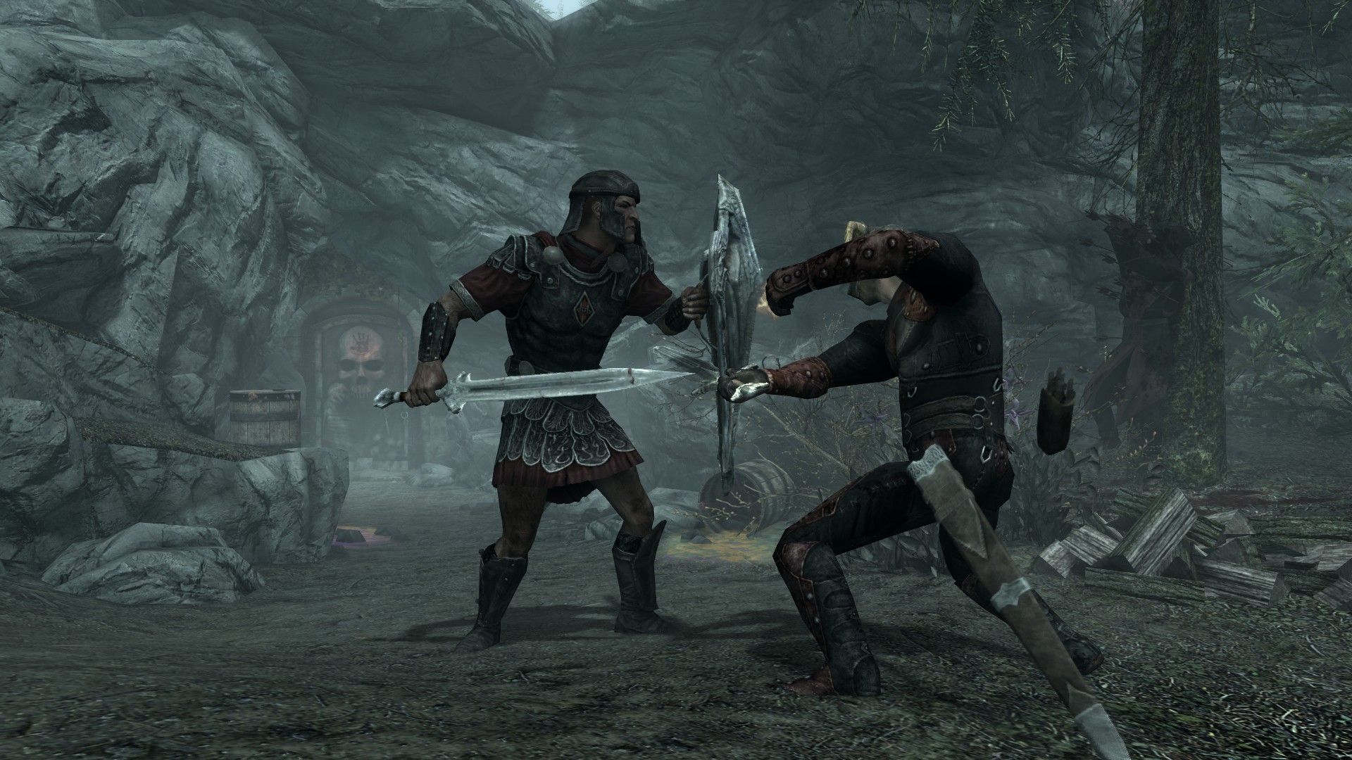 A man fights an attacker in front of a cave base with a dead assassin pinned to a tree in the background.