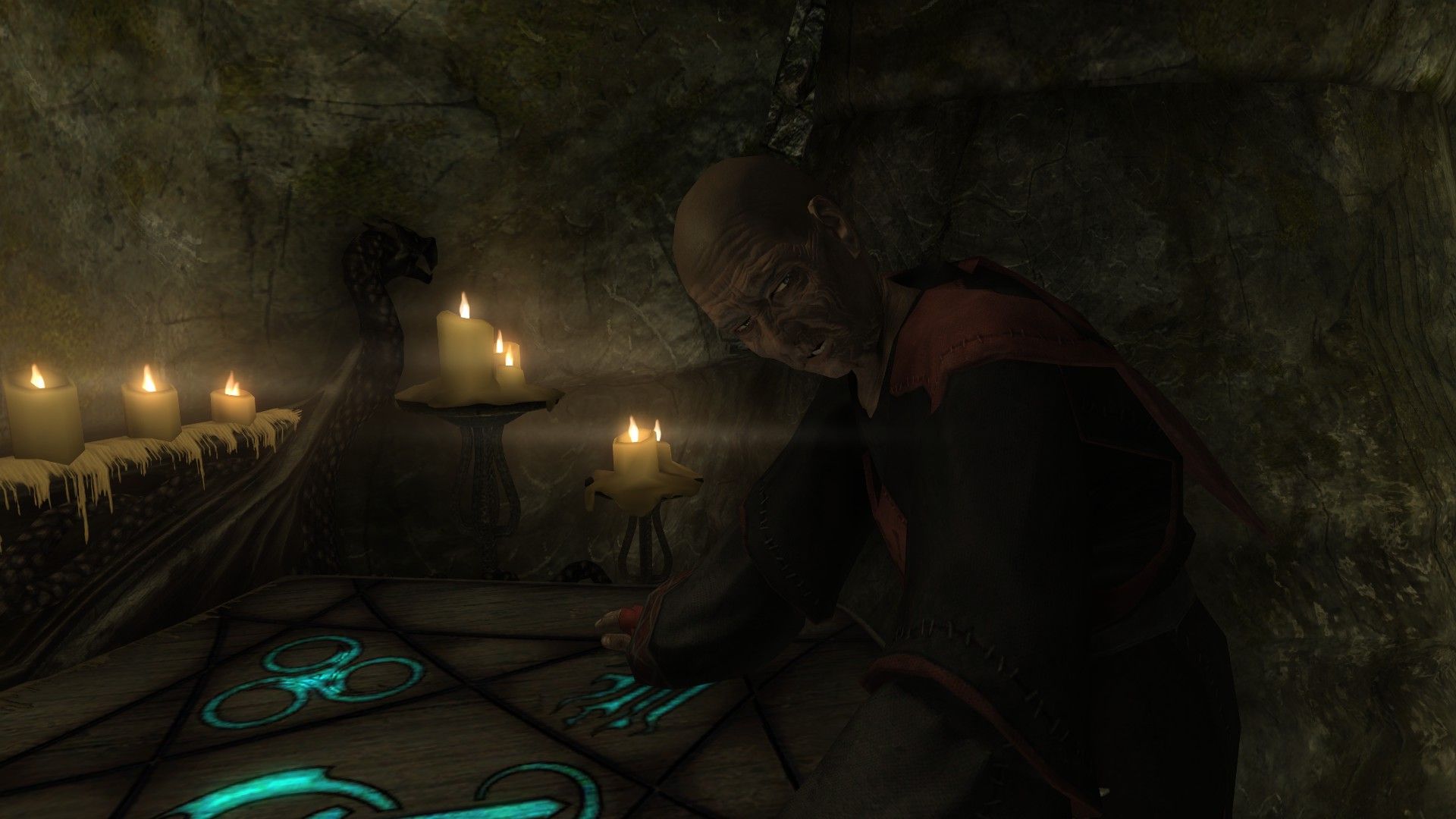 A wizened old man peers over his shoulder at an enchanting table as he speaks to a subordinate.