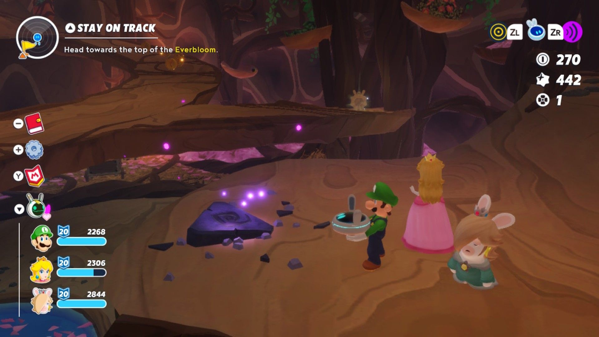 Luigi uses Beep-O on floor triangles, which can be interacted with to strengthen purple bridges in Sparks of Hope