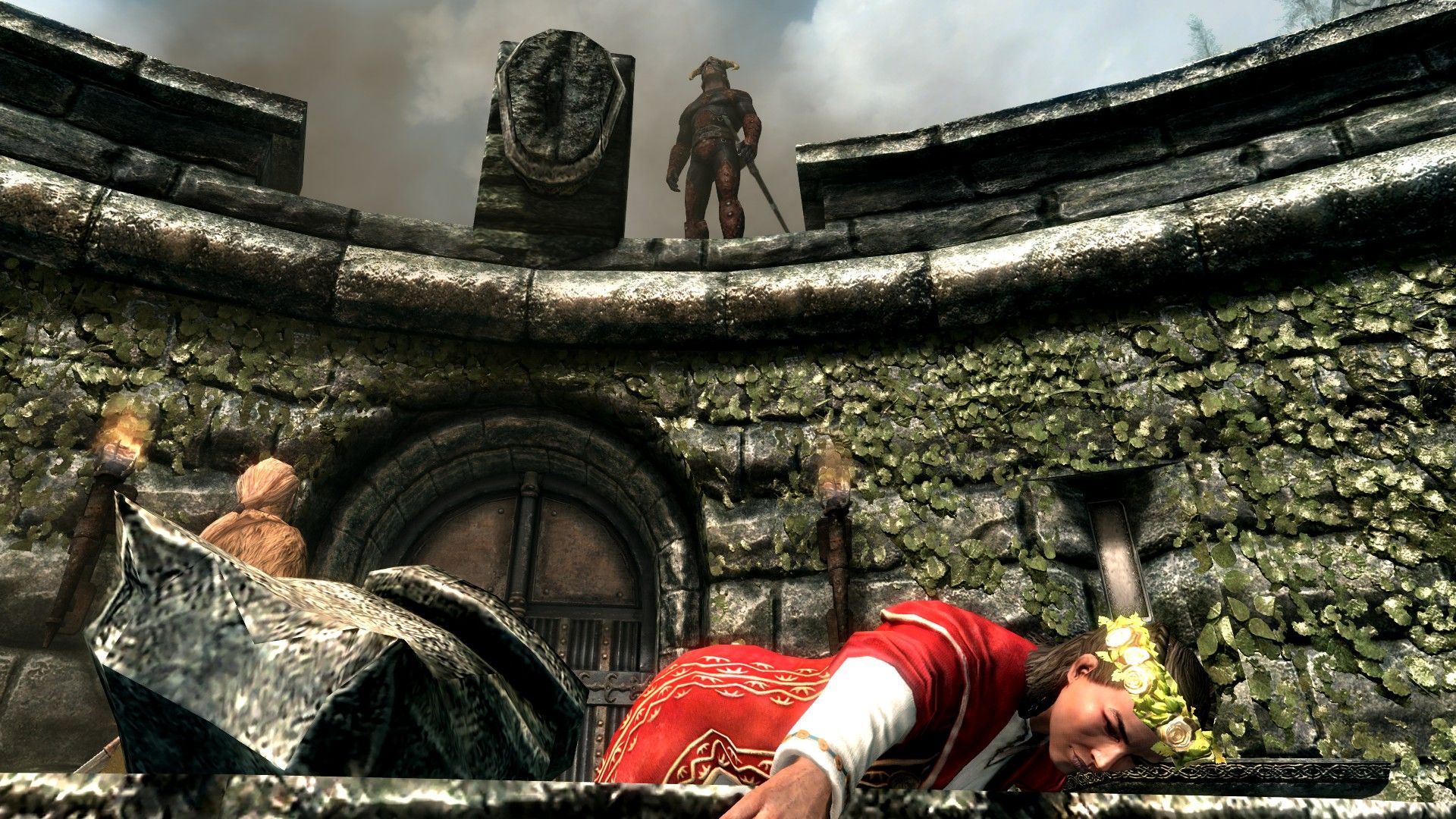A bride lies dead and crumpled on a balcony after being crushed by a falling gargoyle head.