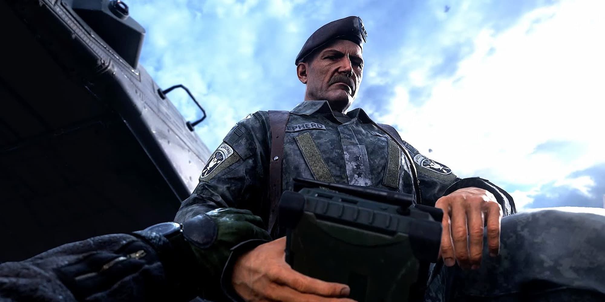 General Shepherd kneels over a fallen soldier he just betrayed with an expression that reads regret and remorselessness at the same time.