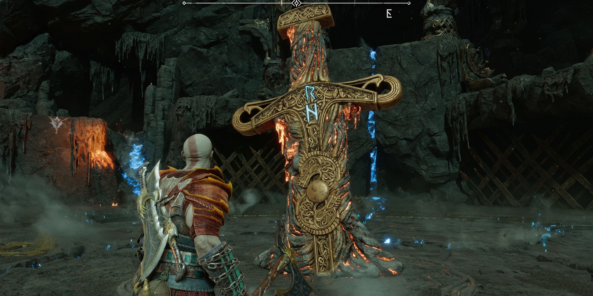 Kratos standing in front of one of Surtr's swords in Muspelheim in God of War Ragnarok.