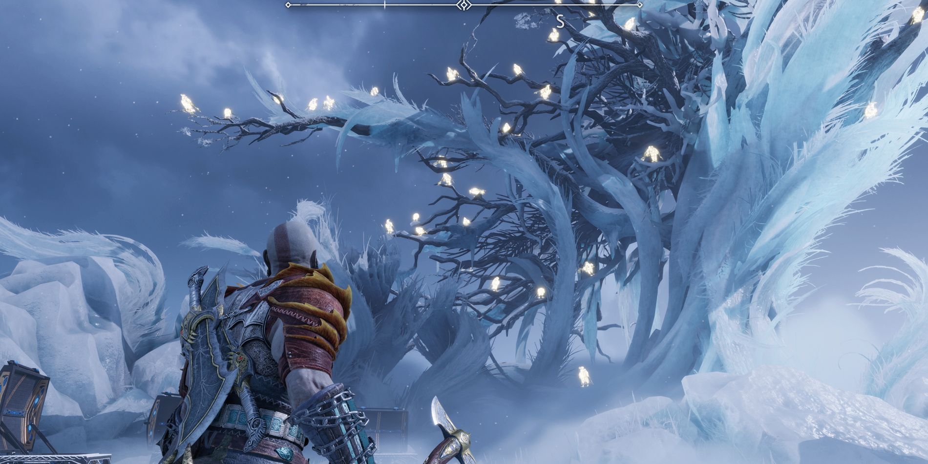 Kratos in front of the Raven Tree in Niflheim in God of War Ragnarok.