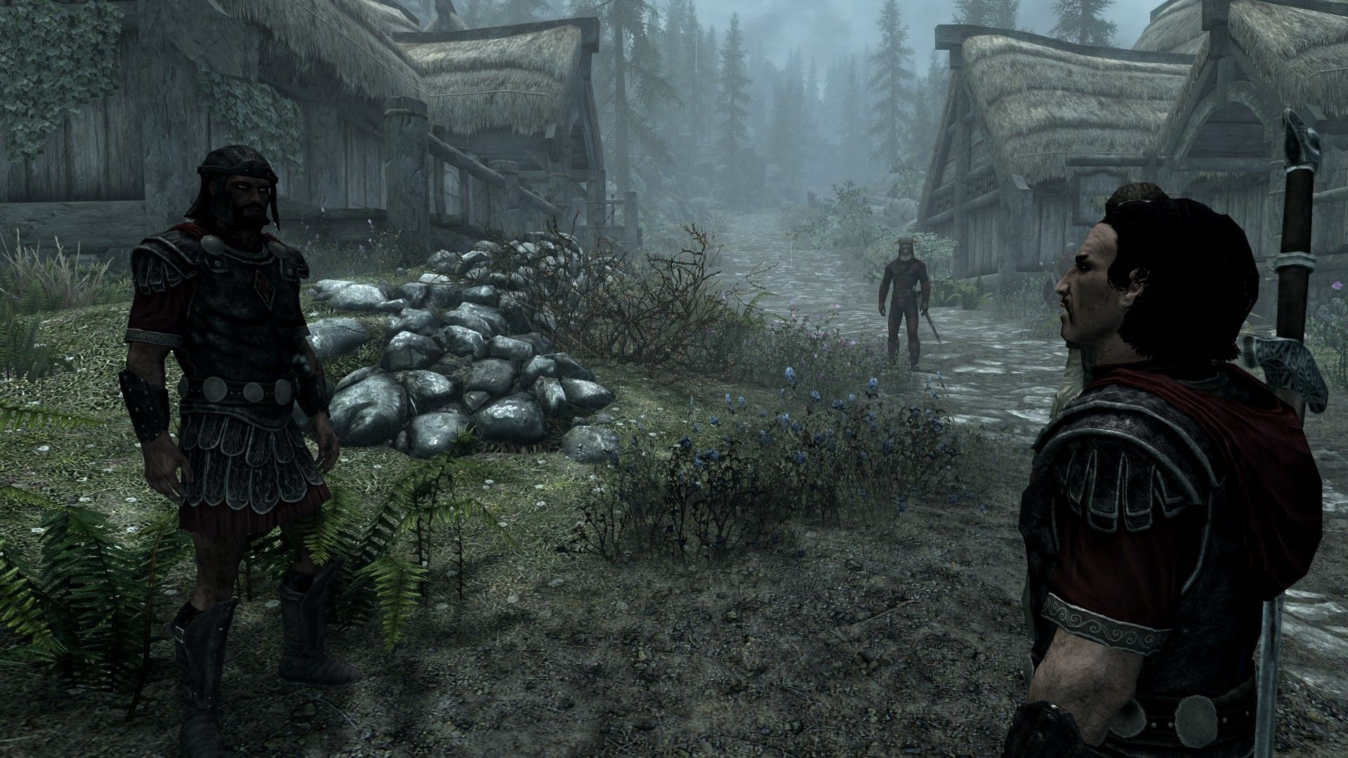 A soldier bids his father goodbye on a foggy morning as an assassin watches from a distance.