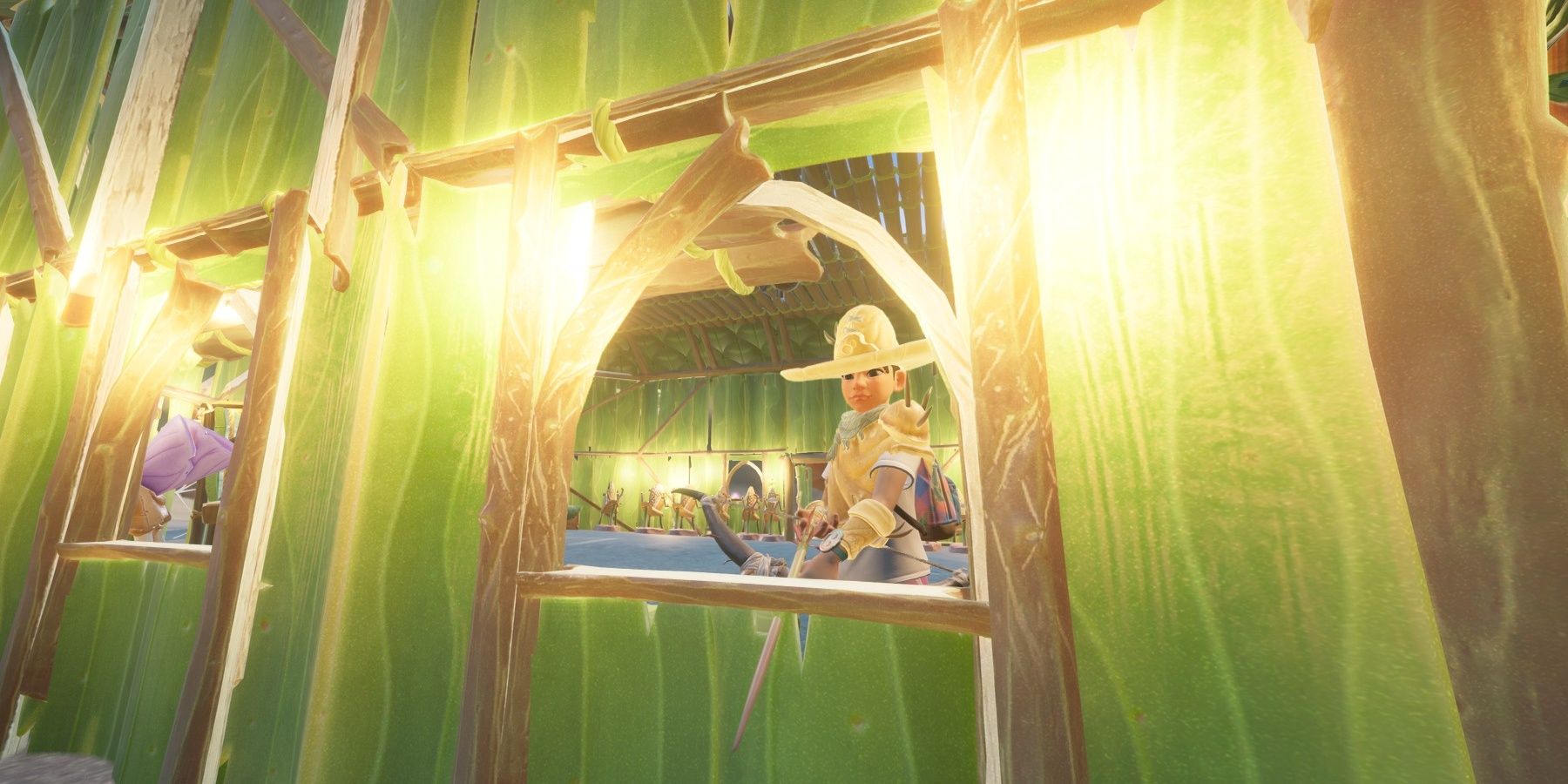 Grounded Tips For Defending Your Camp: Archer Windows. Hoops prepares her bow and arrow.