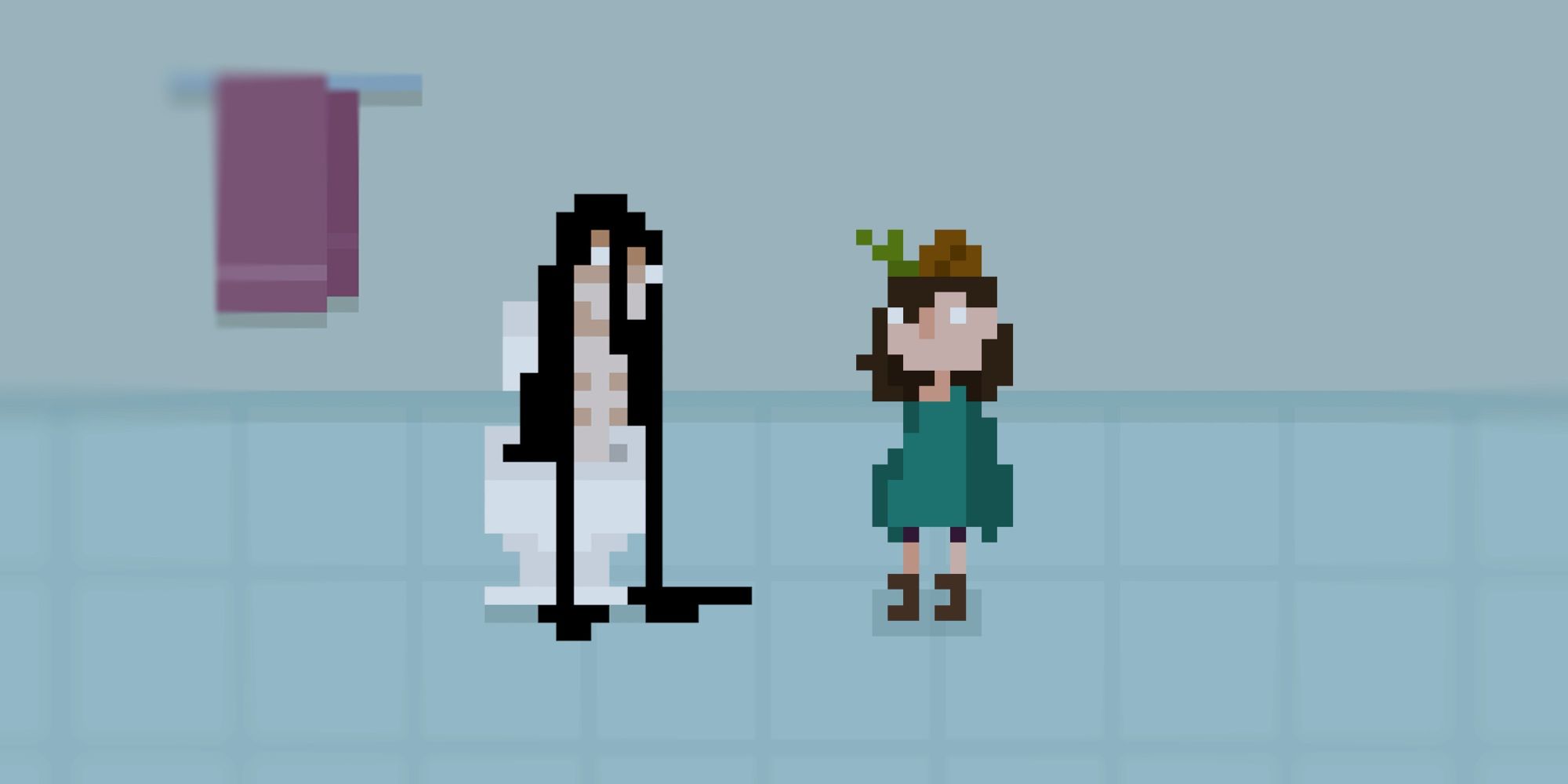Screenshot from the game House, depicting the main character and a creature with long hair climbing out of the toilet. 