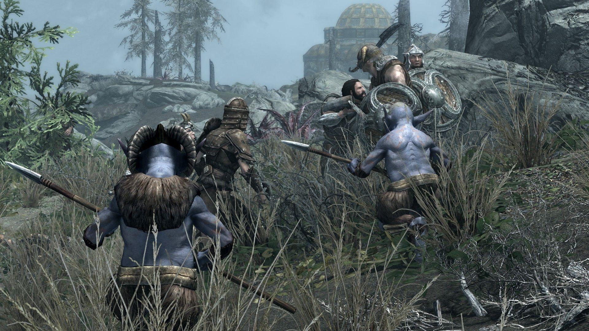 Blue Rieklings charge in to kill some adventurers on a coastal campsite.