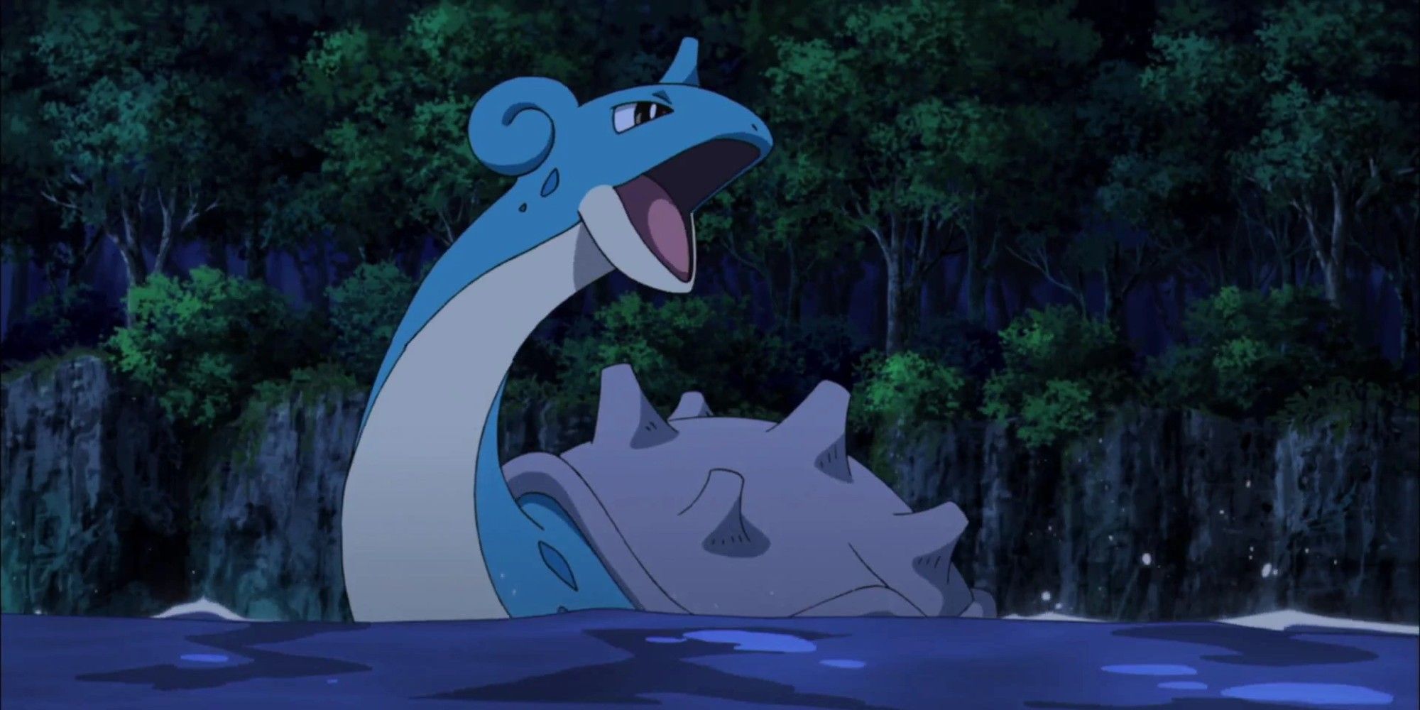 Lapras from the Pokemon anime, shouting while swimming at night