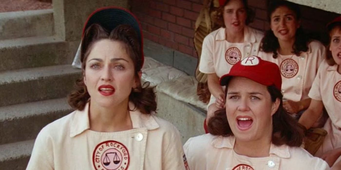 Madonna in A League of Their Own standing beside Rosie O'Donnel
