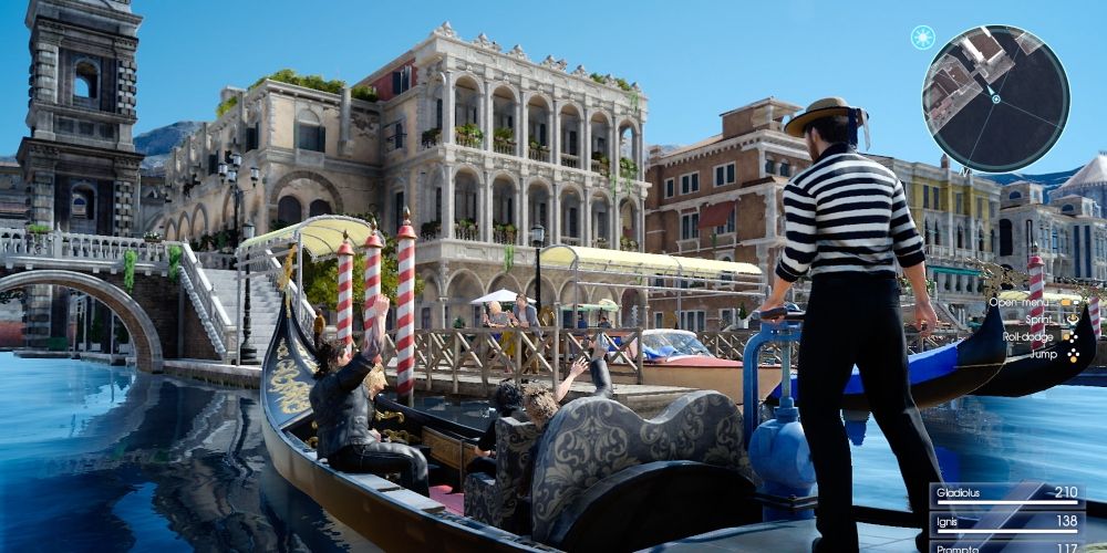 Noctis, Ignis, Prompto, and Gladiolus riding in a gondola in Altissia in Final Fantasy 15