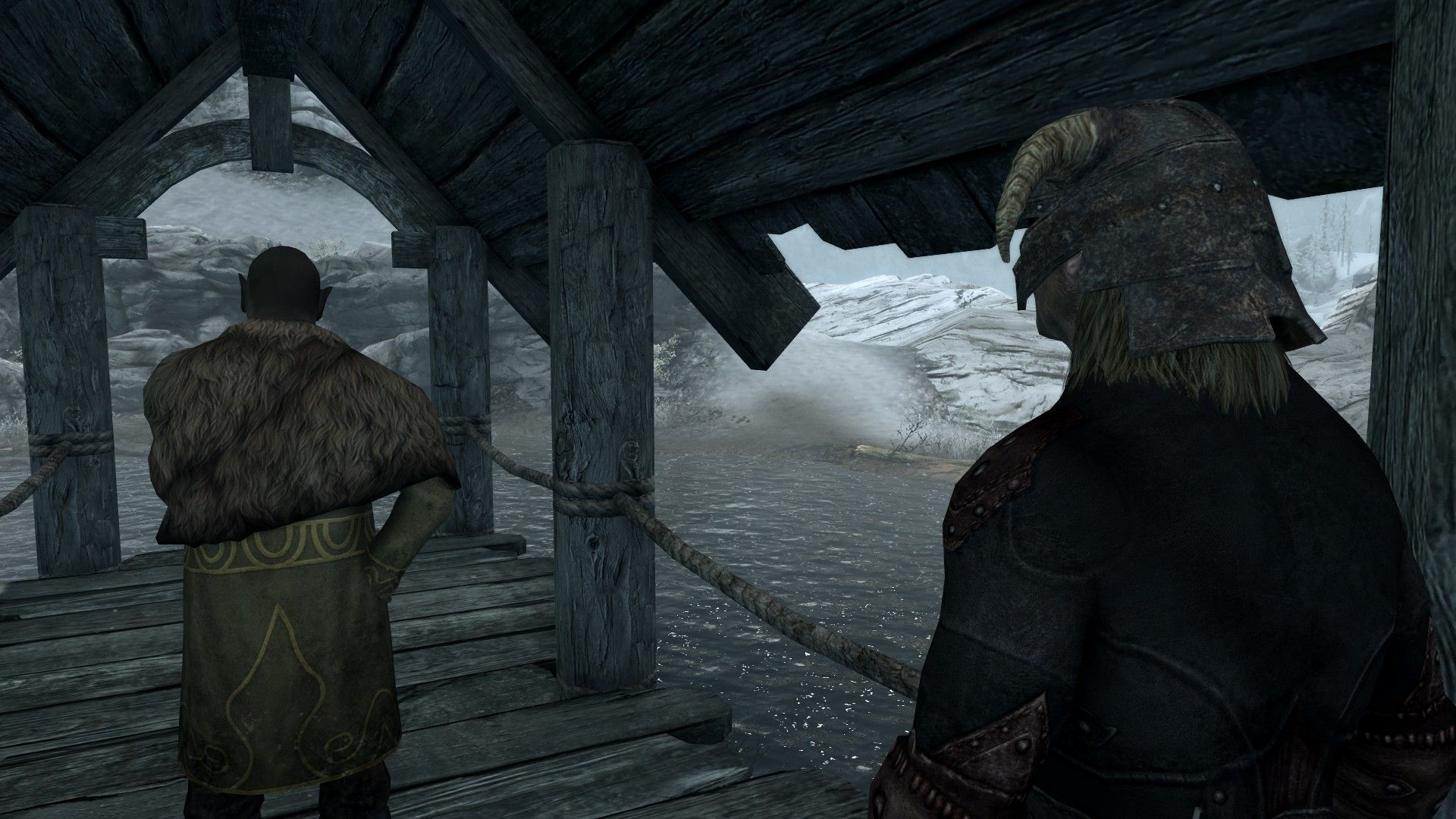 An assassin watches his target at the end of a jetty, preparing to strike.