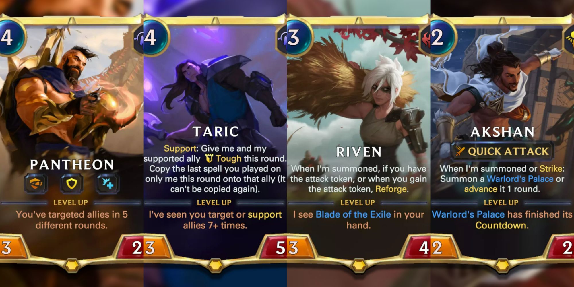 Legends of Runeterra split image of Pantheon, Taric, Riven, and Akshan champion cards