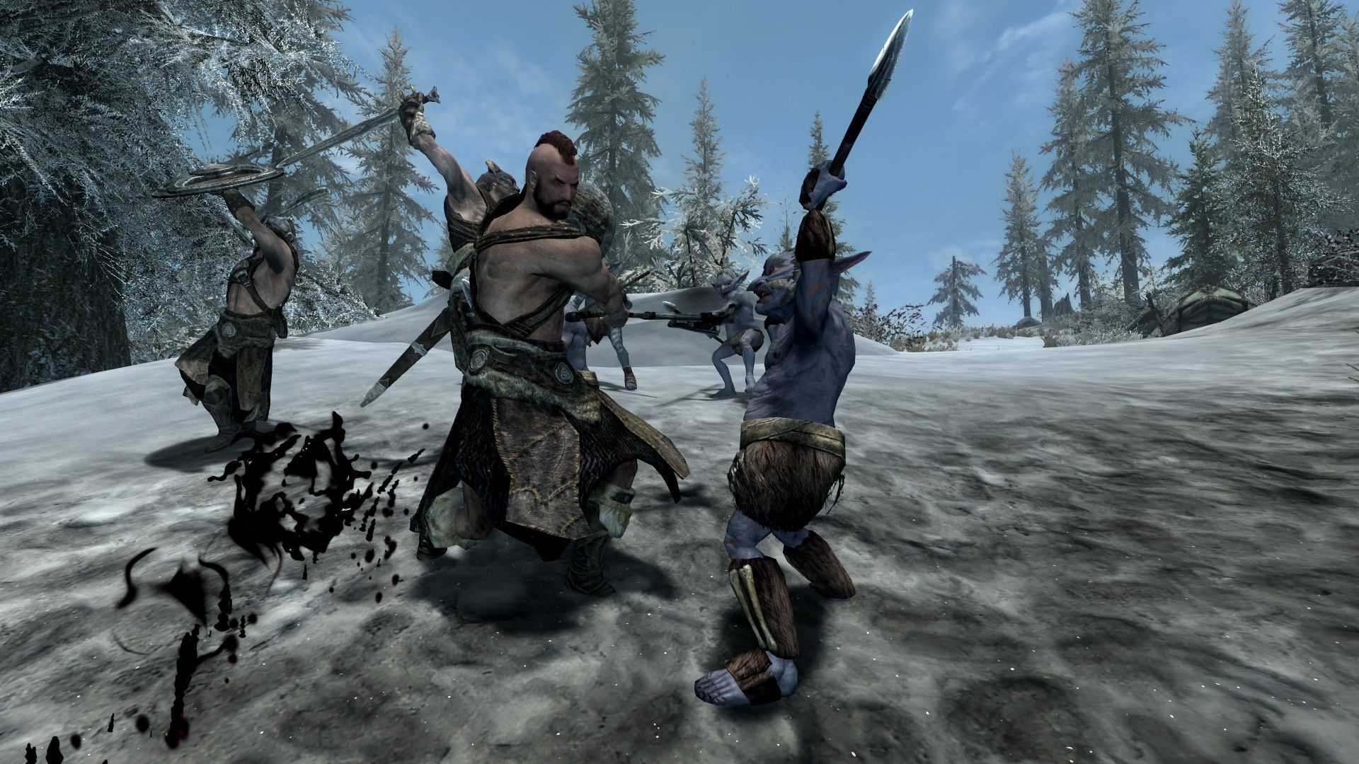 A group of fighters battle blue-skinned monsters on a snowy field.