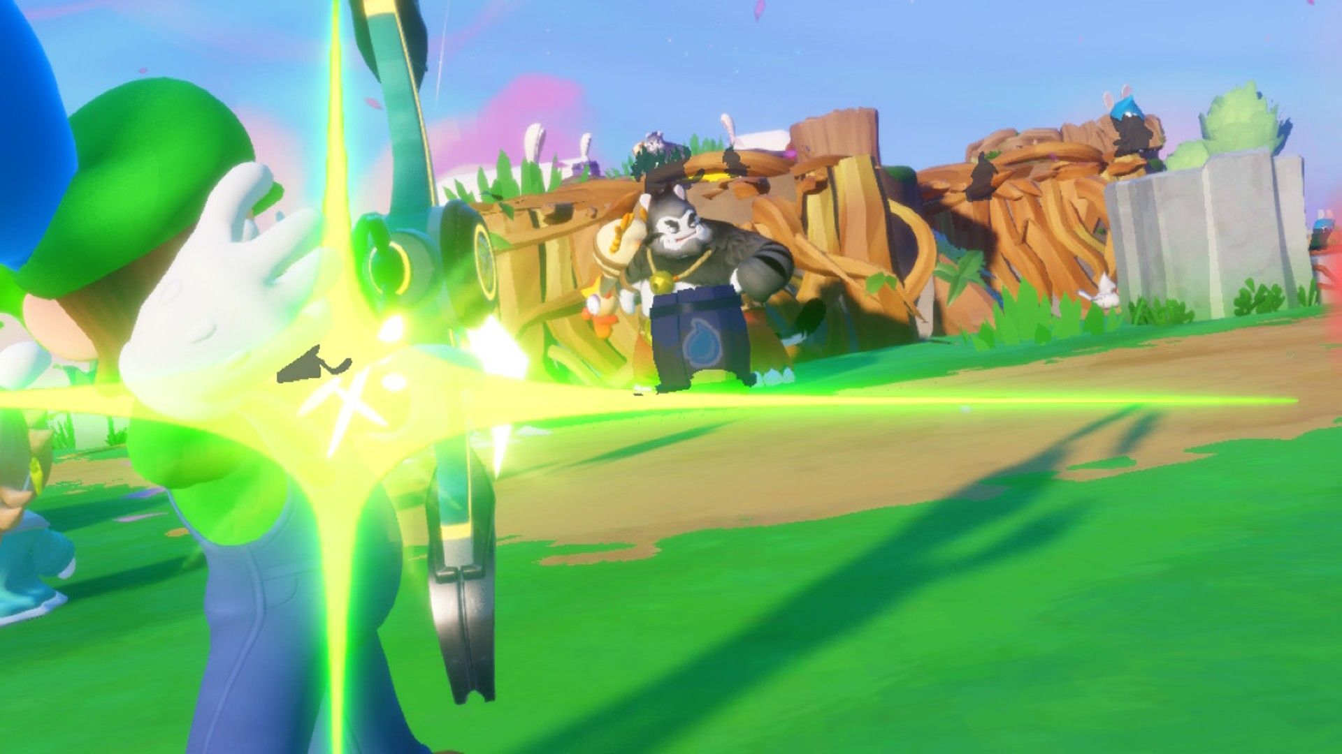 Luigi shoots a water barrel to get rid of a Magnafoul in Sparks Of Hope