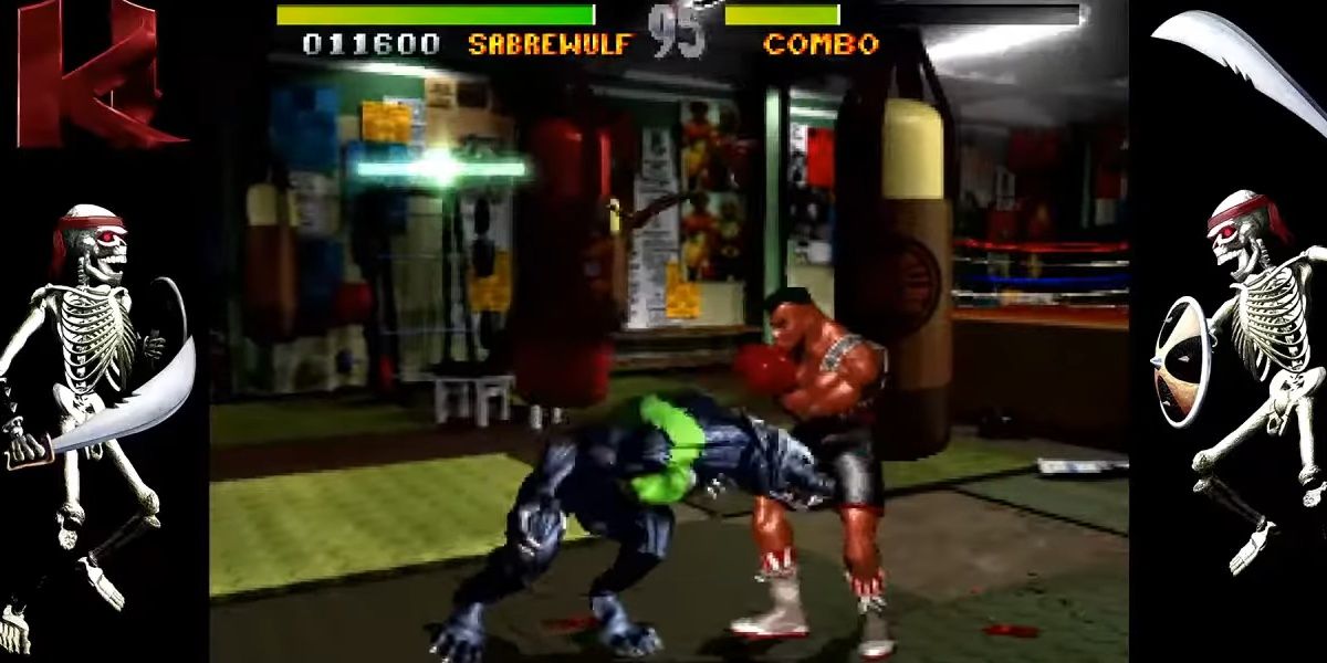 Sabrewulf and TJ Combo battling it out in a boxing gym in Killer Instinct Classic.