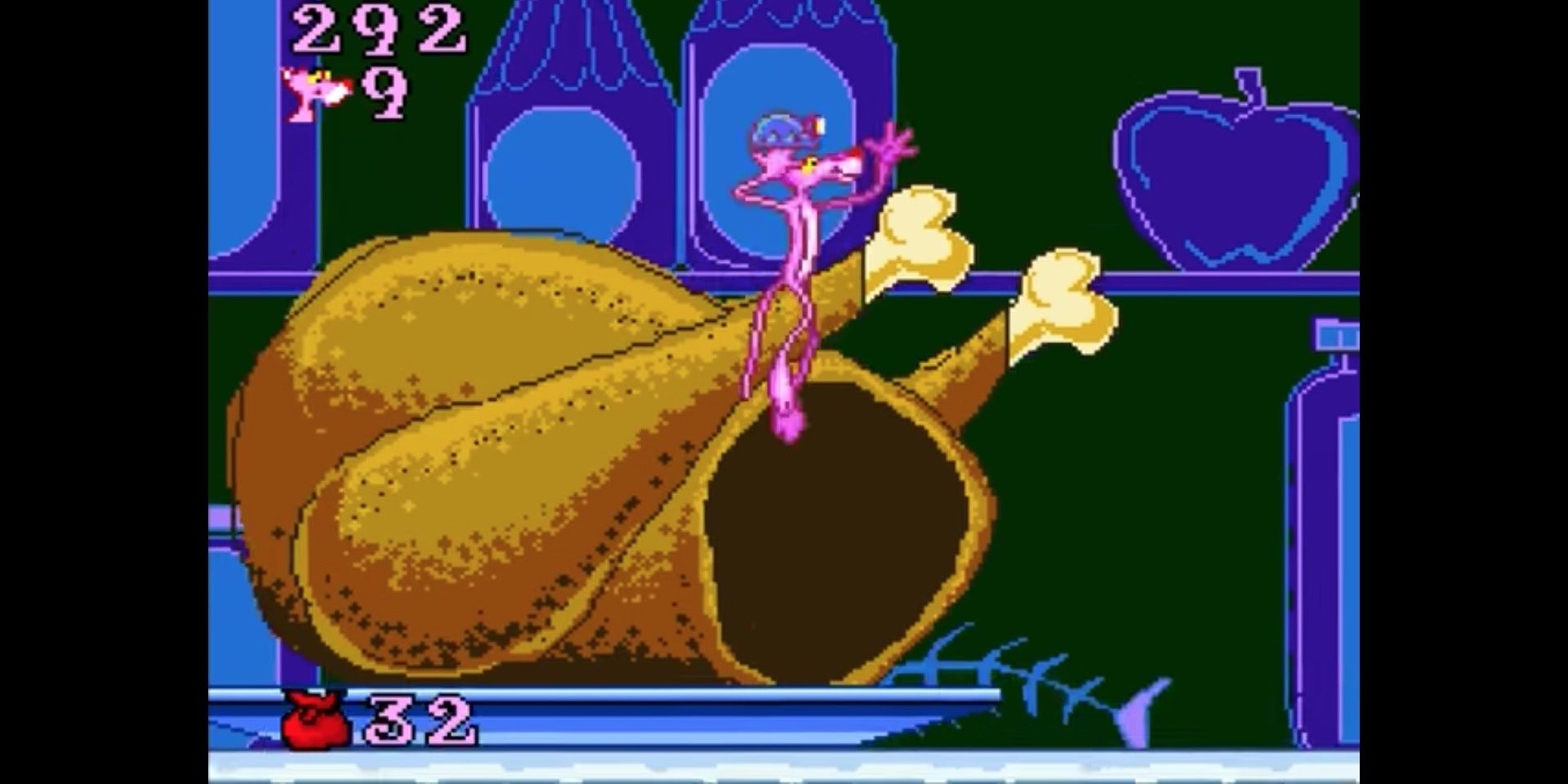 Pink Panther jumping in a fridge in front of a turkey