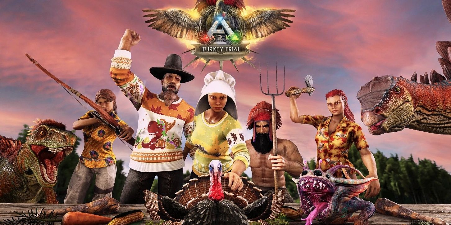 A turkey stands in front of various villagers in thanksgiving attire and dinosaurs