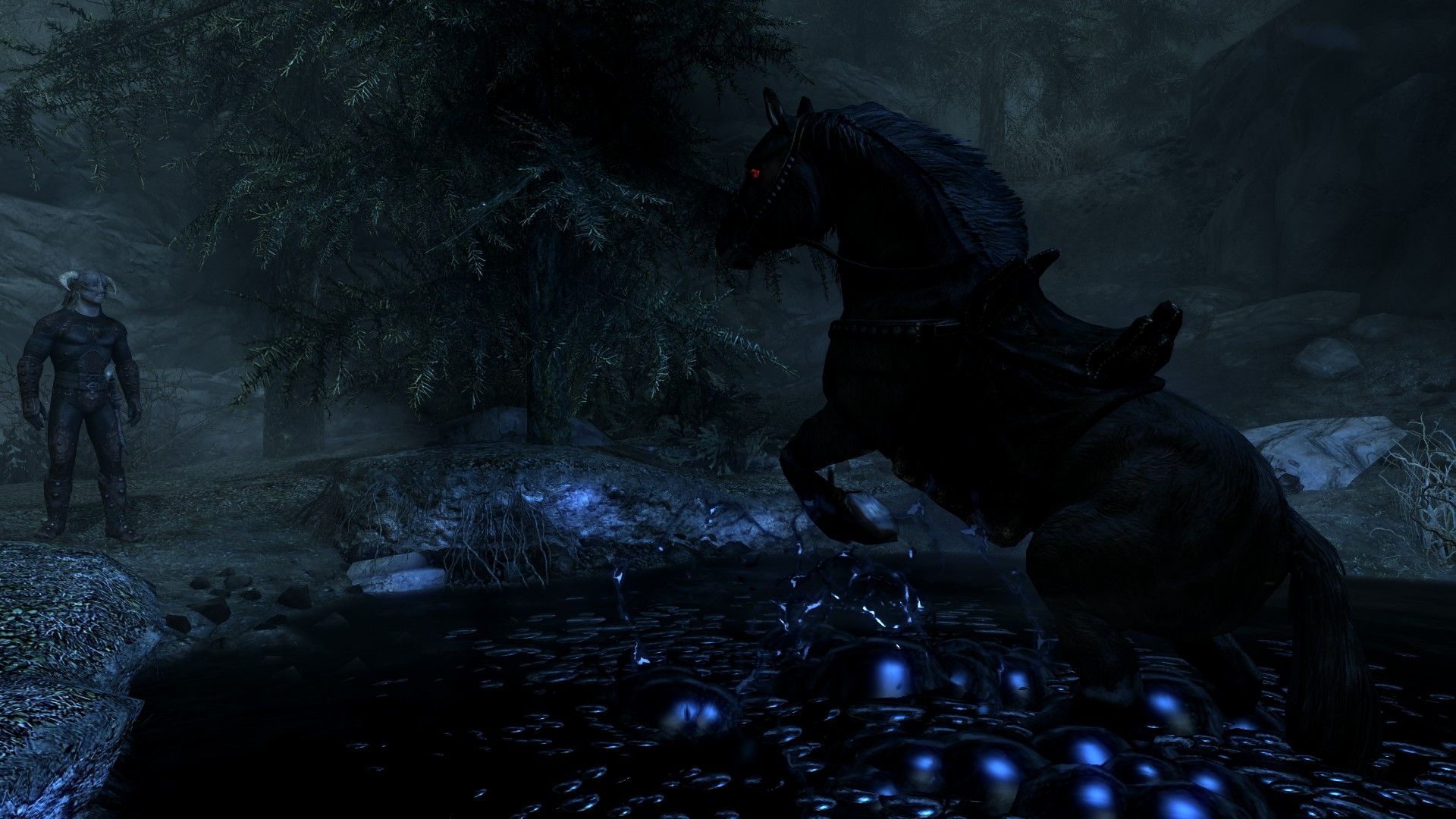 A midnight black horse rises from a violently bubbling pool of black ichor wreathed in menacing smoke.