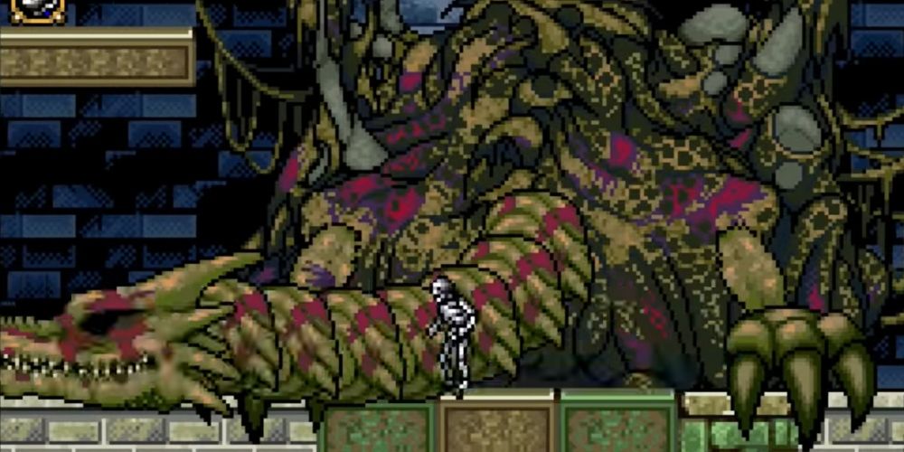 Skeleton protagonist in front of dead dragon in Castlevania Circle of the Moon