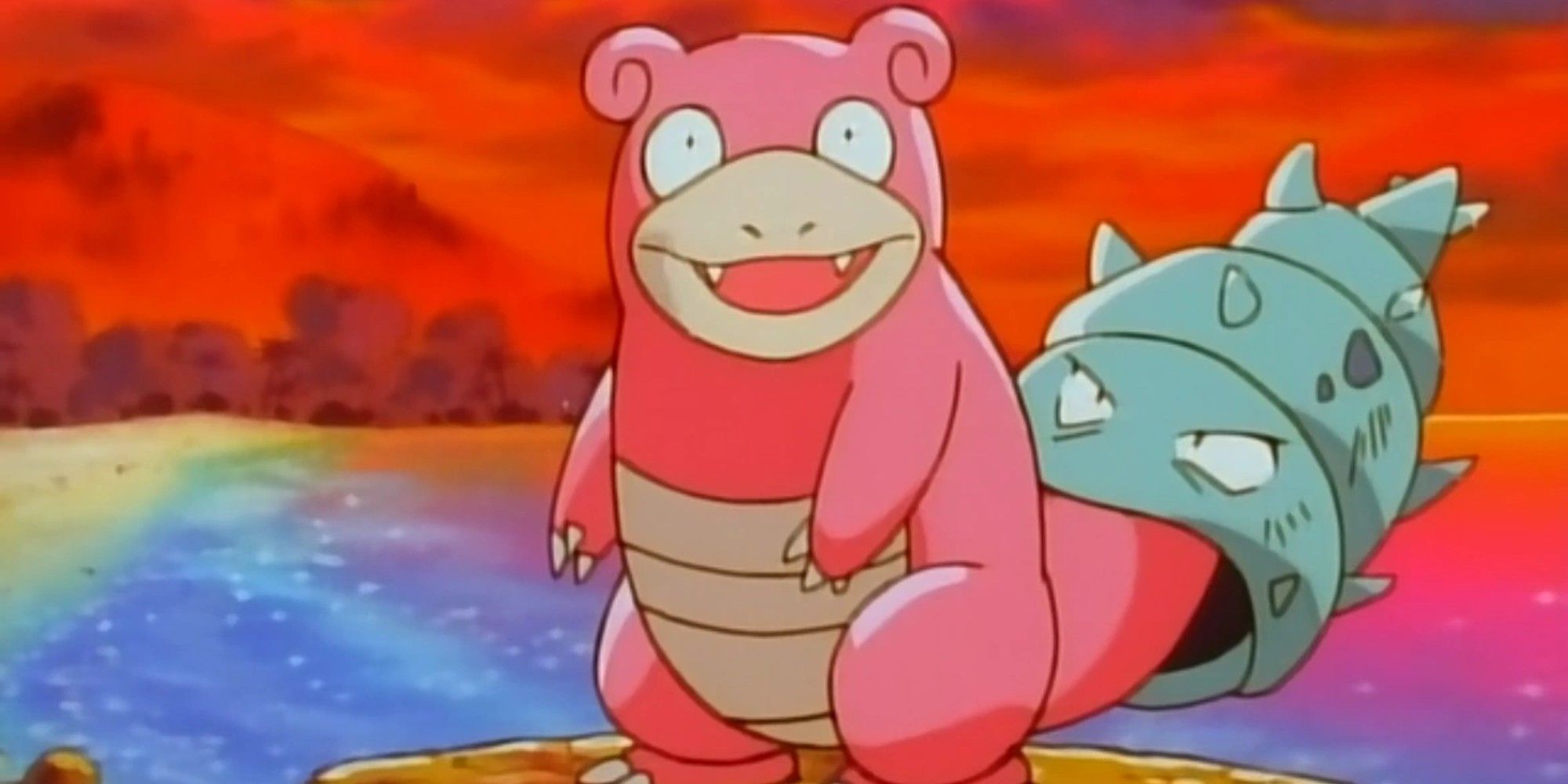 Slowbro from the Pokemon anime, looking happy during sunset