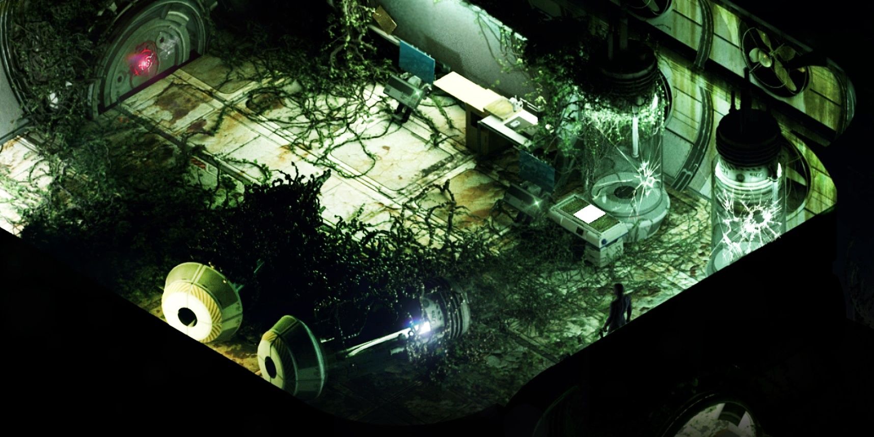 Screenshot of the main character in STASIS overlooking a badly damaged room with vines growing all around.