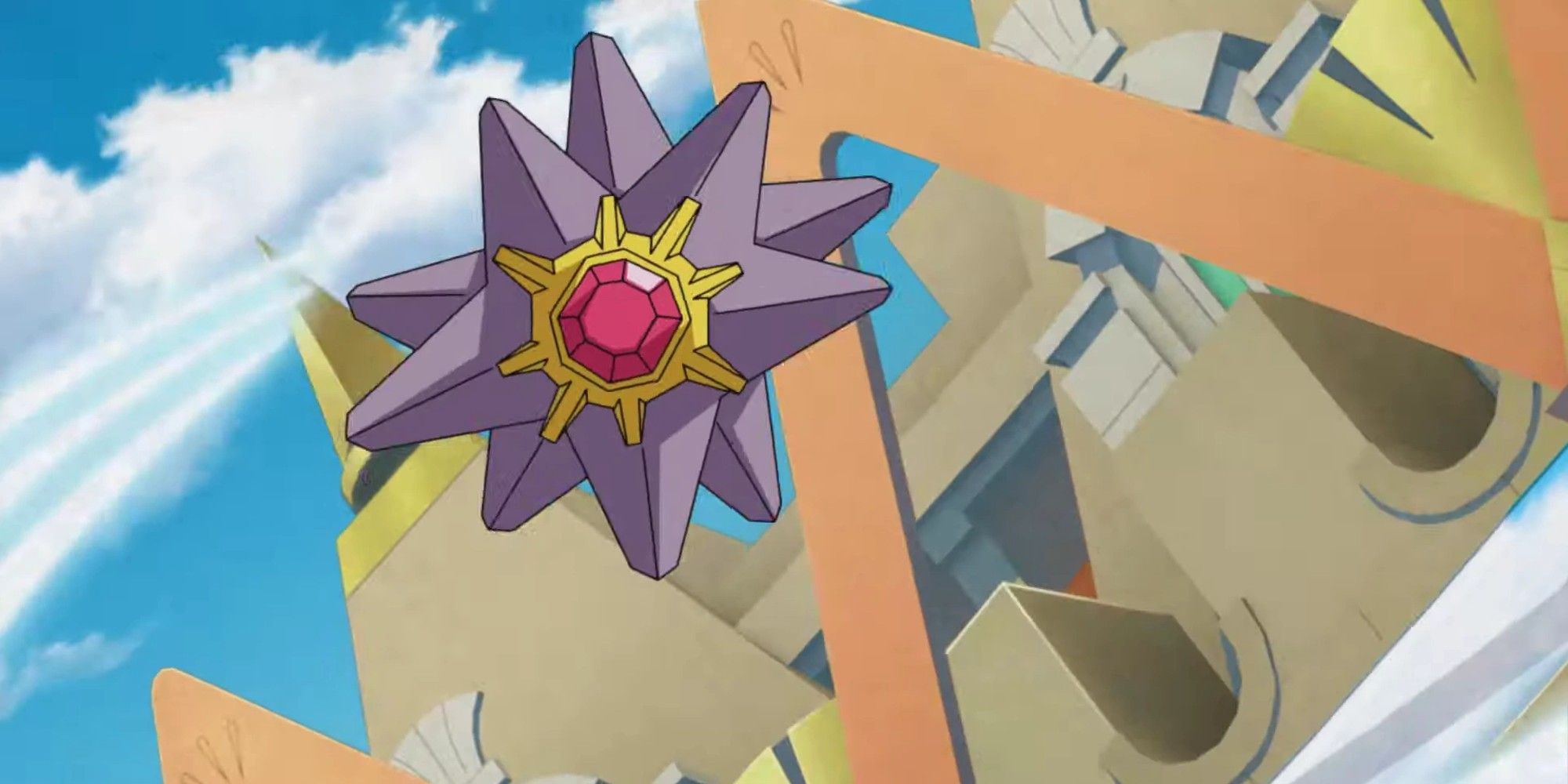 Starmie from the Pokemon anime, jumping and getting ready to attack