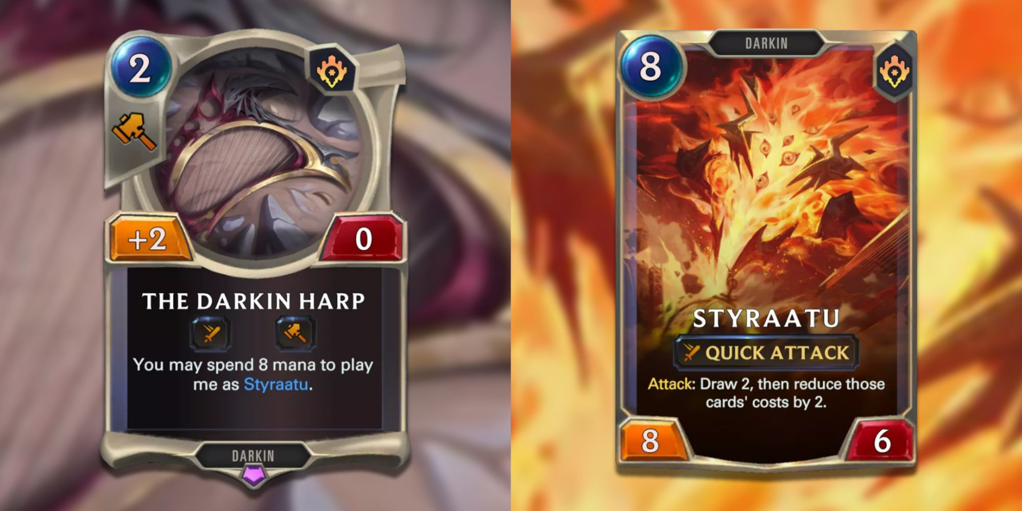 Legends of Runeterra split image of Styraatu and The Darkin Harp