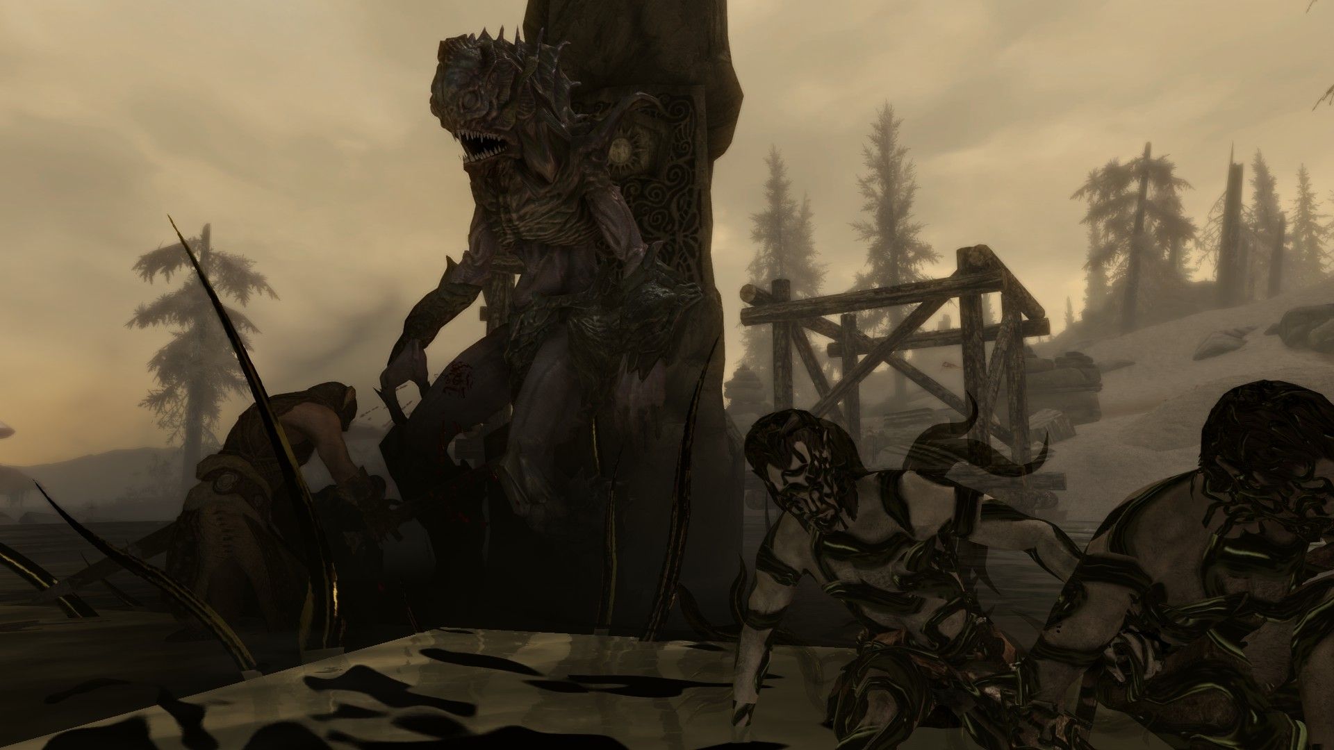A handful of people reel in pain as a monster attacks with writing tentacles.