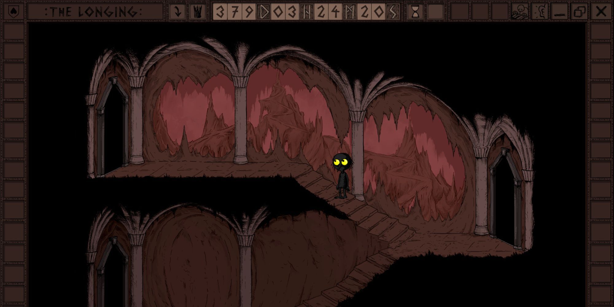 The Shade stands on a staircase in a cave