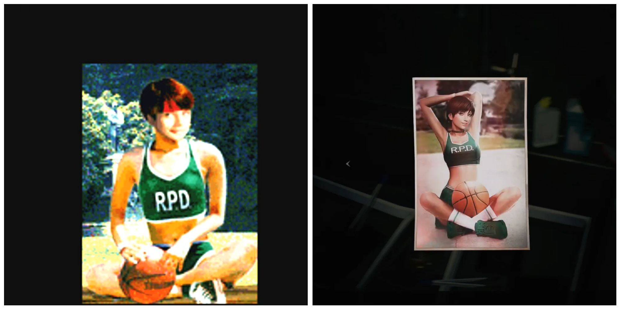 The Rebecca Chambers basketball photo in both the original Resident Evil 2 and its remake.