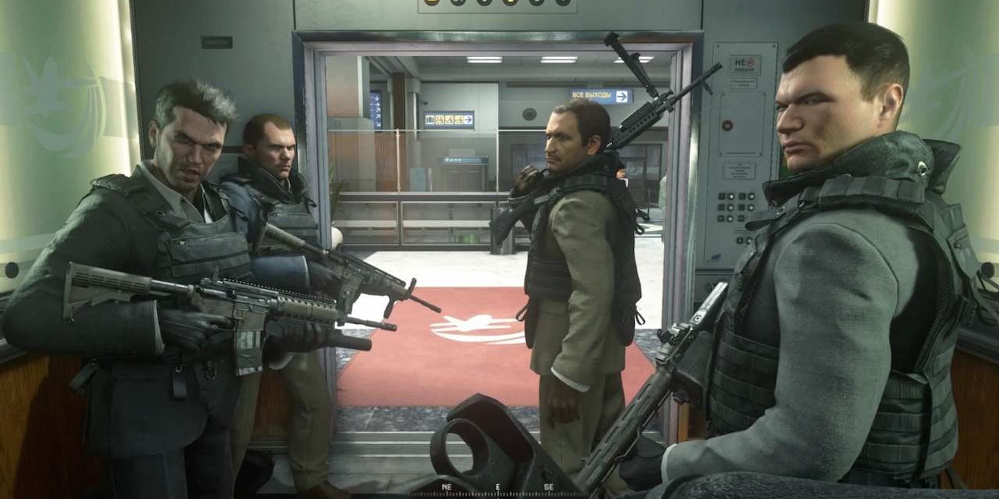 Four men stand in front of the player, exiting an elevator in an airport with their guns drawn.