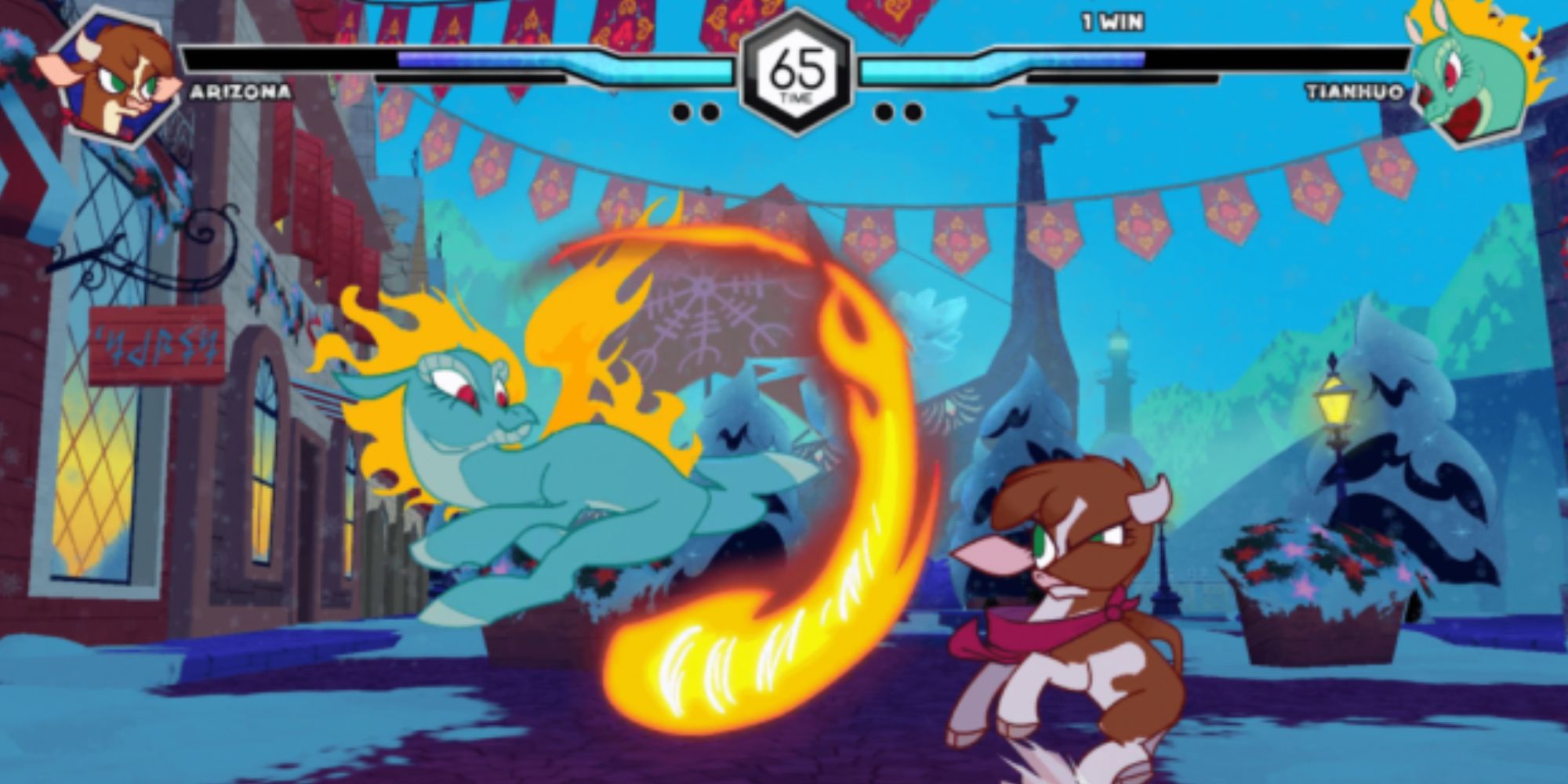 Arizona blocking an incoming attack from Tianhuo in Them's Fightin' Herds