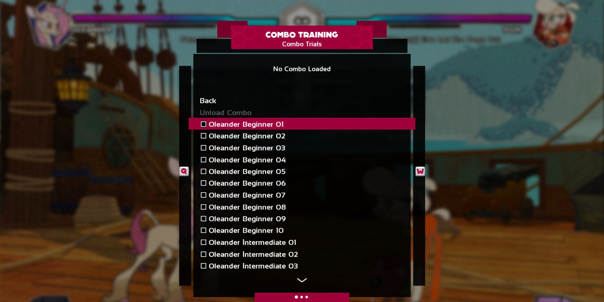 The Combo Training Menu in Them's Fightin' Herds